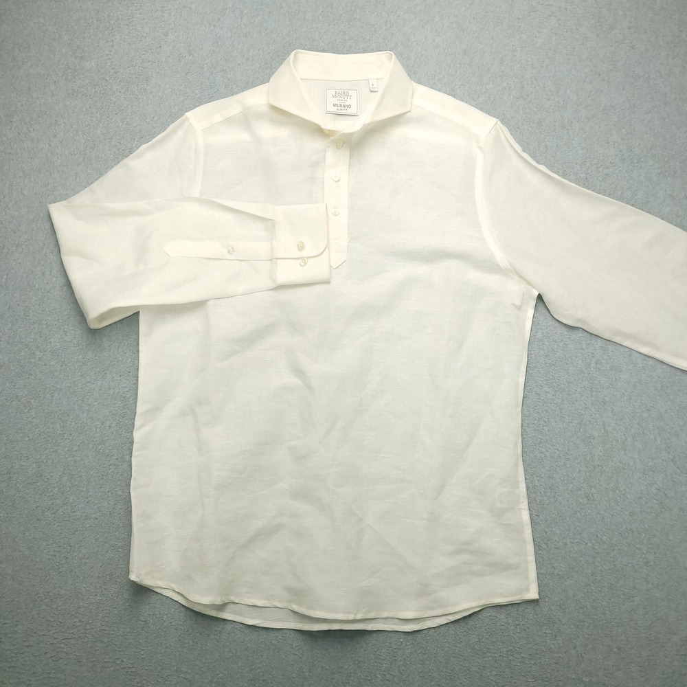 Baird McNutt Murano Slim Fit Shirt Mens L Cream Linen Long Sleeve Pop Over